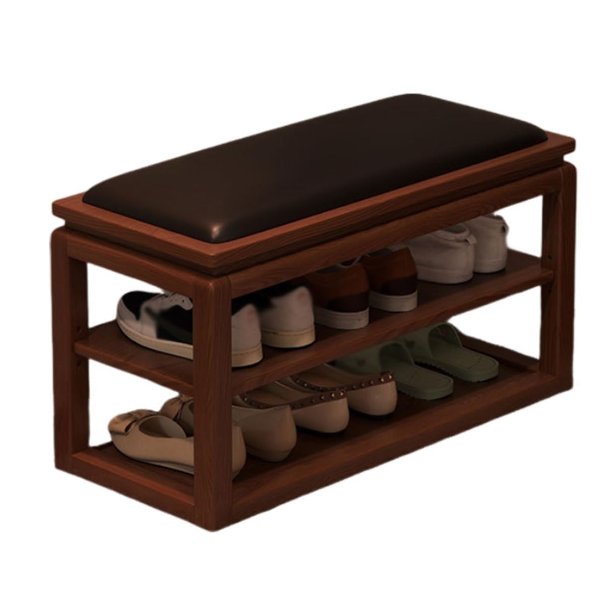 Banco Zapatero de Madera Maciza de 2 Niveles, Banco de Entrada con Almacenamiento y cojín de Piel sintética, para Sala de Estar, Pasillo, Dormitorio, baño (Negro, 80 cm/31,50 Pulgadas)