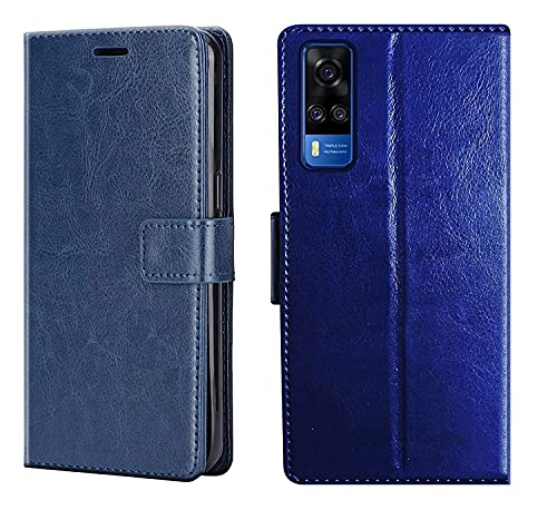 Image of Inside Rubber TPU with Card Pockets Magnetic Closure Protection Compatible with Vivo Y51 (2020) (Blue)
