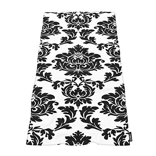 Moslion Soft Bath Towels White Black Damask Flower Floral Comfy Bathing/Beach/Camping Towel for Women Men Girls Boys Large Size 64x32 Inches