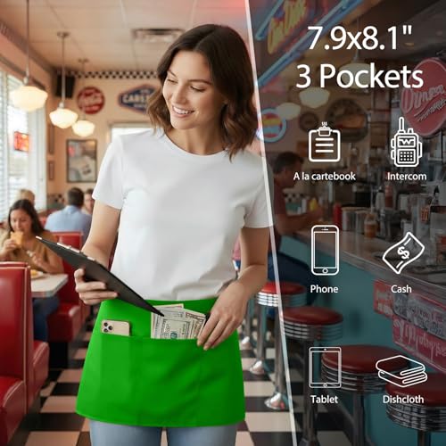 Image of BOHARERS Waist Apron with 3 Pockets 3 Pack - Green Waitress Server Short Apron