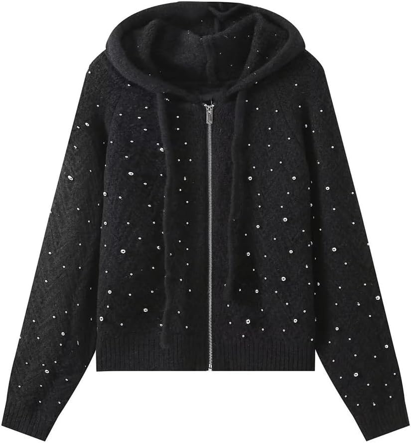 Street Fall and Winter Women's Loose Rivet Decorated Knit Hooded Sweatshirt