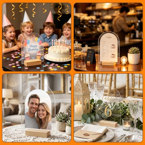 Image of Bercoor 15 Pack 5x7 Inch Blank Clear Arch Acrylic Sign with Wooden Stands, Arched Round Top Acrylic Sheet, DIY Acrylic Arch Table Numbers for DIY Name Card Gifts Event Party Sign Decoration