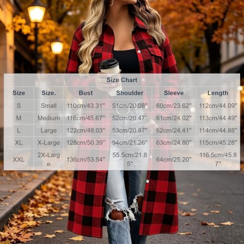 Flannel Shirts for Women Long Sleeve Long Plaid Tops Button Down Shacket (US, Alpha, Large, Regular, Regular, Wine) - image 4
