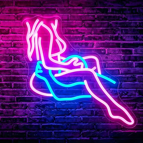 Image of Lady Neon Sign, JGHTURIE Neon Signs for Wall Decor, Pink & Blue Light Up Signs for Room Decor Bar Led Sign for Man Cave, Party, Office, Art Decoration, USB Powered