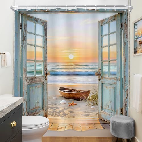 Image of Riyidecor Beach Ocean Shower Curtain 72Wx72H Inch Rustic Blue Seaside Barn Door Sea Sunset Scenery Sandbeach Hawaii Wood Landscape Natural Bathroom Decor Fabric Polyester Waterproof 12 Pack Hooks