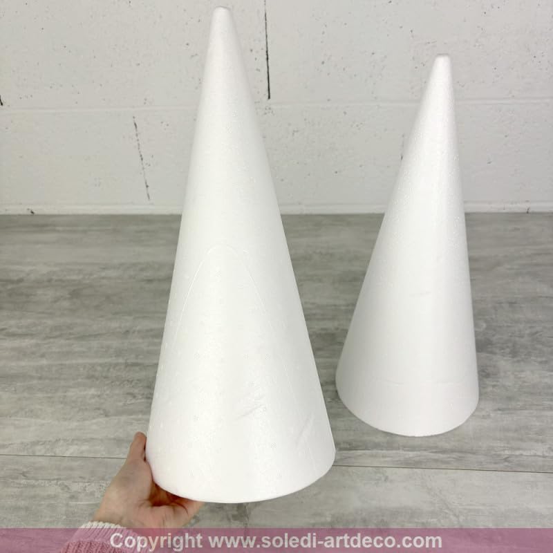 Lot de 2 cônes avec Quelques impacts mineurs en polystyrène Plein, 40 cm de Haut, avec IMPACTS, Base 18 cm, Styro Blanc