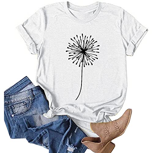 OutTop01 OutTop Graphic Tees for Women Funny Quotes Print Casual Crewneck Short Sleeve T Shirts Solid Loose Tunic Tops Blouse (#02-White, L)