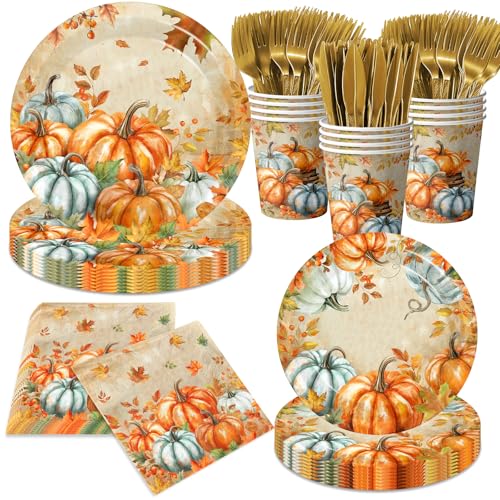 Image of Fall Paper Plates and Napkins Sets,144pcs Watercolor Retro Pumpkin Thanksgiving Party Plates and Cups and Napkins Sets for Autumn Themed Thanksgiving Party Supplies,Serves 24