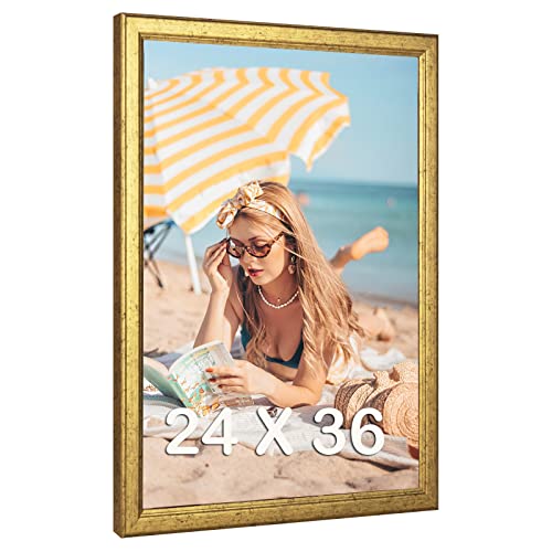 MOUDAMION Wood 24x36 Poster Frame Gold Ornate Natural 36x24in Picture Photo Frame Modern Golden 24 x 36inch Gallery Wall Frame with HD Plexiglass Horizontal Vertical Wall Mounting Display 1pcs
