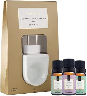 Kit Aromatizador Elétrico Bivolt Original + 3 Essências Via Aroma 10ml (Bamboo, Lavanda, Breeze)  
