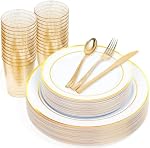 MATANA 150 Pcs Gold Plastic Disposable Plates and Cutlery Set for 25 Guests - 10" Gold Plastic Plates, Dessert Plates, Spoons, Forks, Knives & Cups Dinnerware Set