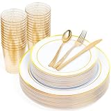 MATANA 150 Piezas Vajilla Reutilizable de Plástico Blanco y Dorado para 25 Personas - Platos Grandes, Navidad y Fiestas