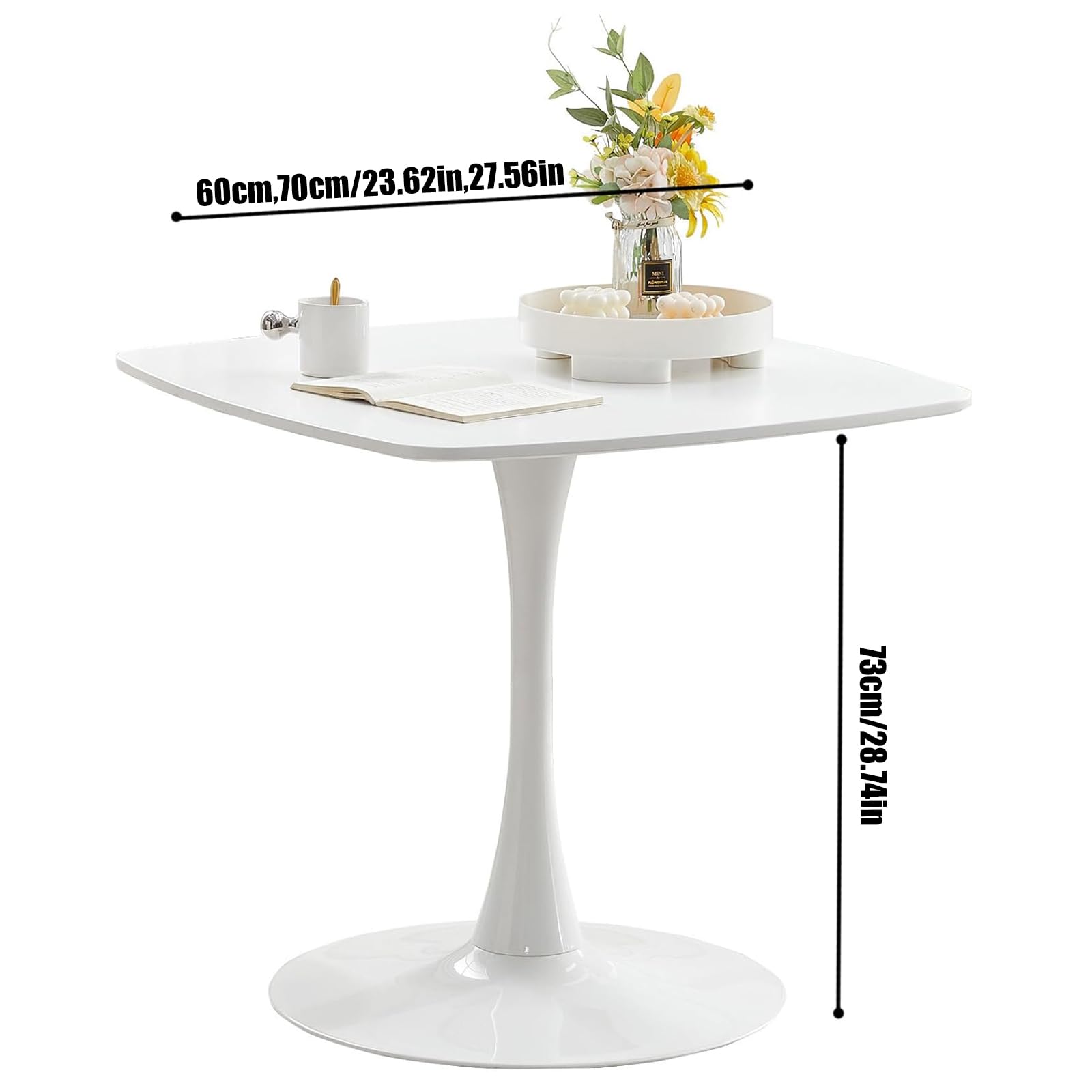 Petite table tulipe moderne du milieu du siècle avec socle en métal pour salle à manger carrée pour salon, café et bureau 60 cm
