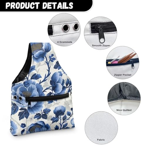 Image of Blue Floral Yarn Storage Bag for Crocheting Lightweight Knitting Bags and Totes Holding Yarn Crochet Hook Needles,Small