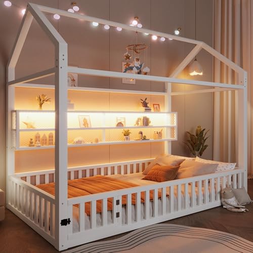 Soweiz Cama infantil de 90 x 200 cm, para niños y niñas, con forma de casa, con valla e iluminación LED, sin colchón (blanco)