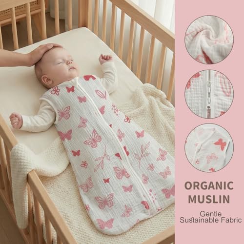 Image of BSTOPPT 2 Pack Baby Sleep Sack 0-6 Months 100% Organic Cotton Muslin Baby Sleeping Bag 2-Way Zipper Wearable Blankets TOG 0.3 (Gray & Pink Butterfly, Small)