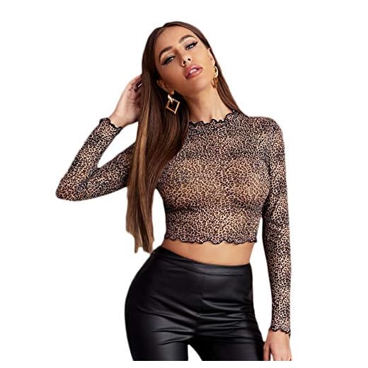 Floerns Women's Long Sleeves Mesh Sheer Mock Neck Crop Tops Tee Multicolor Leopard XL