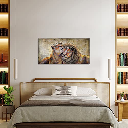 Canvbay Animal King Canvas Wall Art Lion And Lioness With Gold Crown Picture Romantic Couple Artwork Painting For Bedroom Modern Home Decoration Stretched And Framed Ready To Hang 20X40Inch #TOP3