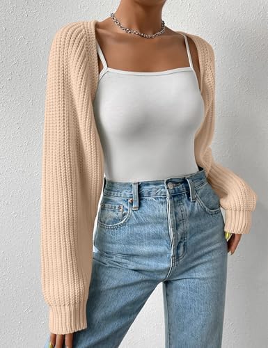 Image of Women's Long Sleeve Open Front Knitted Crop Cardigan Drop Shoulder Knit Bolero Shrug Sweater
