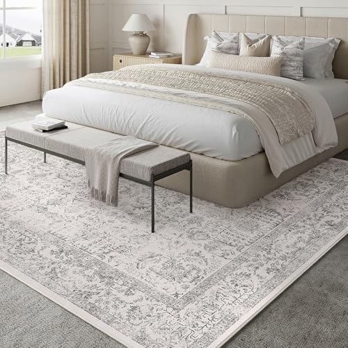 Gray Area Rug 6x9 Machine Washable Vintage Living Room Distressed Non Slip Carpet Traditional Indoor Bedroom Grey Retro Floral Accent Throw Large Rug for Office Kitchen Dining Room