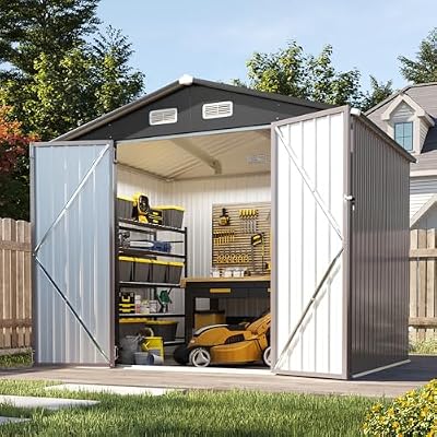 Aoxun 8x6 FT Outdoor Storage Shed Garden Metal Shed with Lockable Door Outdoor Large Shed for Tool, Garbage Can, Bike, Mower, Brown