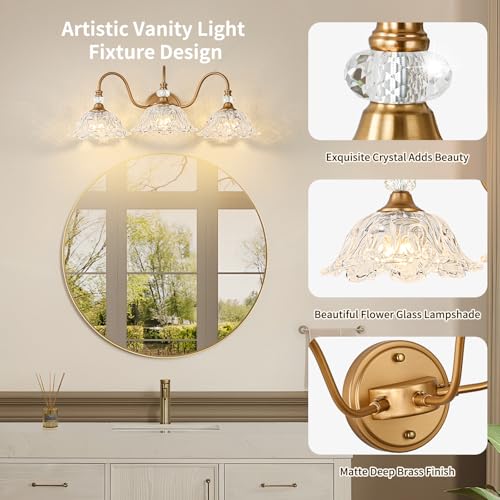 Image of Vintage Bathroom Vanity Light, 3-Light Matte Deep Brass Finish Vanity Light with Flower-Shaped Clear Glass Shades, Retro Wall Sconce for Bathroom