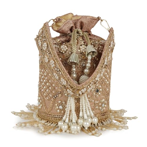 Image of Nevis Silk Fabric Designe Embroidered Potli Bag with Pearl Tassels & Beaded Strap | Bridal Ethnic Drawstring Clutch for Wedding