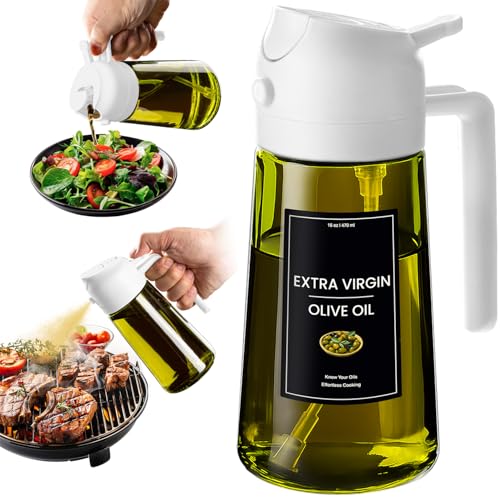 Image of CXINYI - 16oz /470ml Olive Oil Dispenser for Kitchen with Stickers - 2 in 1 Olive Oil Sprayer for Cooking, Air Fryer, and Salad, White (Light-Proof Kitchen Gadget)