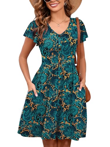 Image of Heymoments Women's Ruffle Sleeve V Neck Swing Sundress Summer Casual A-Line Midi Dress with Pockets S-2XL