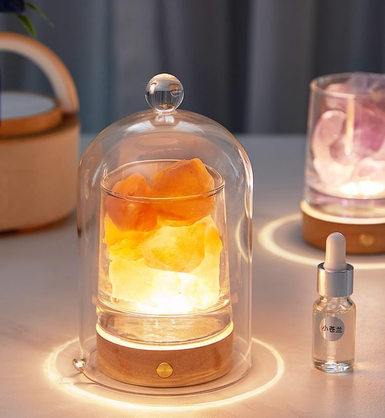 Lampa do soli himalajskiej 2 w 1 i ultradźwiękowy dyfuzor olejków eterycznych, lampa do aromaterapii bez ognia, z 2 olejkami eterycznymi, aromaterapia, 3 kolory, ładowany przez USB, ze szklaną osłoną
