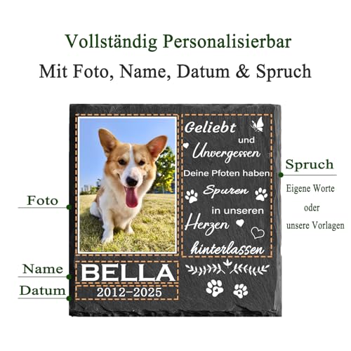 MOMGEGE Personalisierter Tiergrabstein aus Schiefer mit Foto und Text – Grabstein Hund oder Katze, Gedenkstein für Garten und Zuhause – Trauergeschenk bei Tierverlust (013)