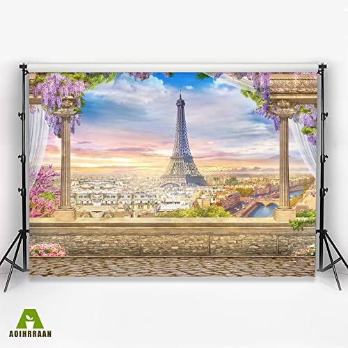 Aoihrraan 3x2m Eiffel Tower Backdrop Wisteria Flowers Paris City View European Famous Building Photography Background Wedding Bridal Shower Party Vacation Travel Decoration Photo Studio Props - Image 3