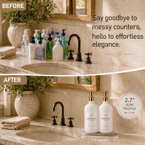 Image of Fachixy White Glass Soap Dispenser (2 Pack), 16 Fl Oz Hand & Dish Soap Dispenser Bottles Set with Leak-Resistant Stainless Steel Pump, Non-Slip Pad, 14 Waterproof Labels for Kitchen and Bathroom