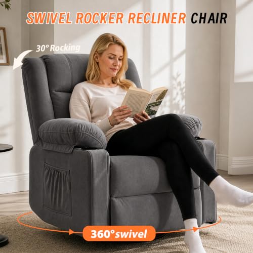 Image of Rocking Recliner Chair for Adults, 360 Swivel Rocker Recliner with Massage and Heating, Manual Glider Rocking Chair with Cup Holders for Living Room Bedroom Nursery (Grey)