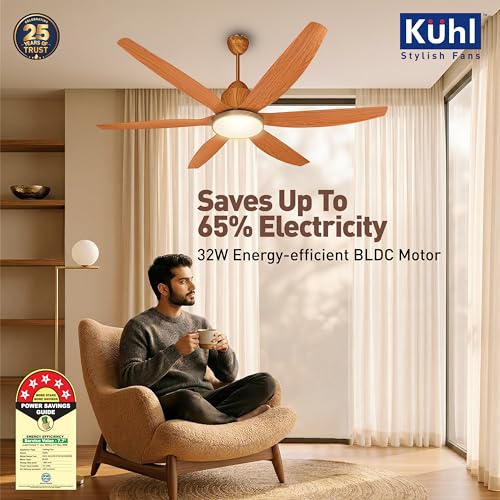 Image of KUHL Galaxis Star 1400mm Stylish 65% Power Saving BLDC Ceiling Fan With Remote |Down Light|BEE 5 Rated & ISI Marked|Low Noise| IoT -Operate via Mobile & Alexa |Reverse Mode |Free Installation |Teak