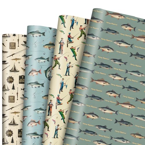 Pineraap Fishing Wrapping Paper 12 Sheets Vintage Fishing Angler Themed Gift Wrap Fish Fisherman Design for Fishing Enthusiasts Birthday Fathers Day Retirement Graduation 20 x 28