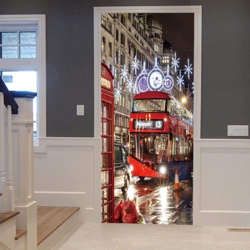 Tizhweqo Pegatina Puerta Autobús Rojo Pegatinas para Puertas Autobús Rojo Adhesivo Vinilo 3D Puerta Pegatina Pared Murales Papel Pintado Poster para Sala de Baño Decorativos 80x210 cm 4539a