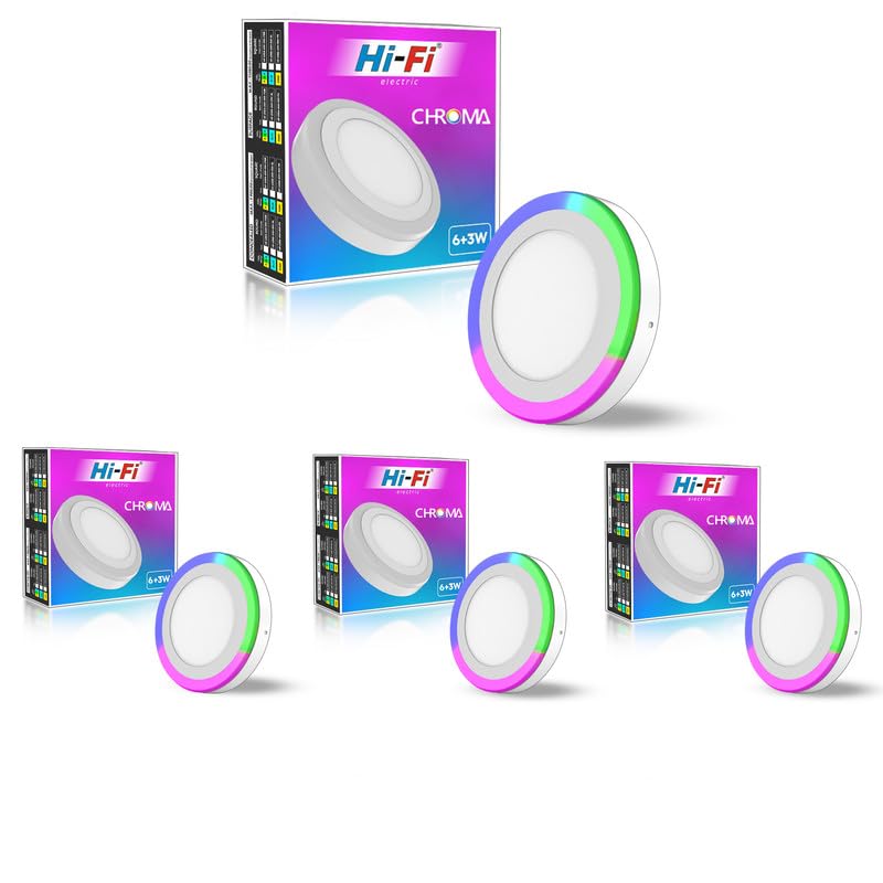 Image of Hi-Fi Chroma 2-in-1 6W+3W Double Color Round LED Surface Light for Home & Office | (Cool White + PGB (Pink + Green + Blue), Pack of 4)
