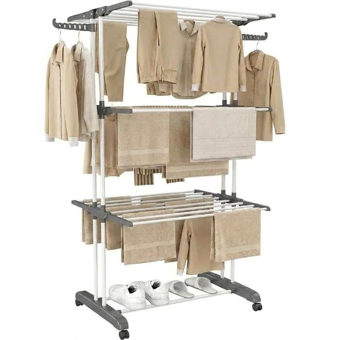 Vonia Étendoir à Linge, Séchoir Mobile à 4 Niveaux, Pliable, Peu Encombrant, Grande Capacité, Utilisation Intérieure et Extérieure, Blanc (72 x 50 x 172 cm)