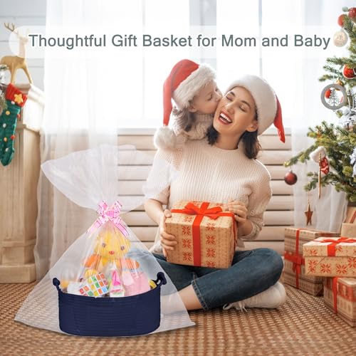 Image of COMSE Small Gift Basket Empty with Bag & Ribbons, Solid Navy Blue