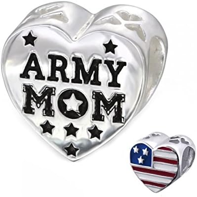 Army Mom Bead Charm USA Flag Heart Bead Sterling Silver (E10310)