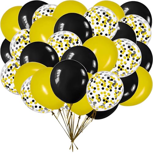 Image of 50Pcs 12inch Yellow and Black Party Balloons with Yellow Black Confetti Balloons for Birthday, Baby Shower,Family Parties,Graduation Engagement Decoration