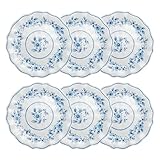 UP UPware Blue and White Floral Melamine Dinner Plate Set, Flower Shaped Plates with Beaded Edge for Main course, Pasta, and Salad, BPA-Free, Dishwasher Safe, Blue, 10.5 Inch, Set of 6
