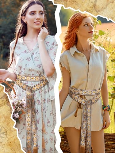 Jiuguva Medieval Women Sash Belt Tassel Waist Belts with Wave Trim Renaissance Dress Tunic Costume Accessory4