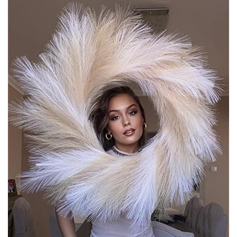 VOULUX Fluffy Artificial Large Faux Pampas Grass Wreath 27" Cream & Beige Modern Feather Boho Wreath Indoor Wreaths Farmhouse Wreath Wall Decor Baby Sea Grass Wheat Wreath Cream Wreaths For Front Door Cover