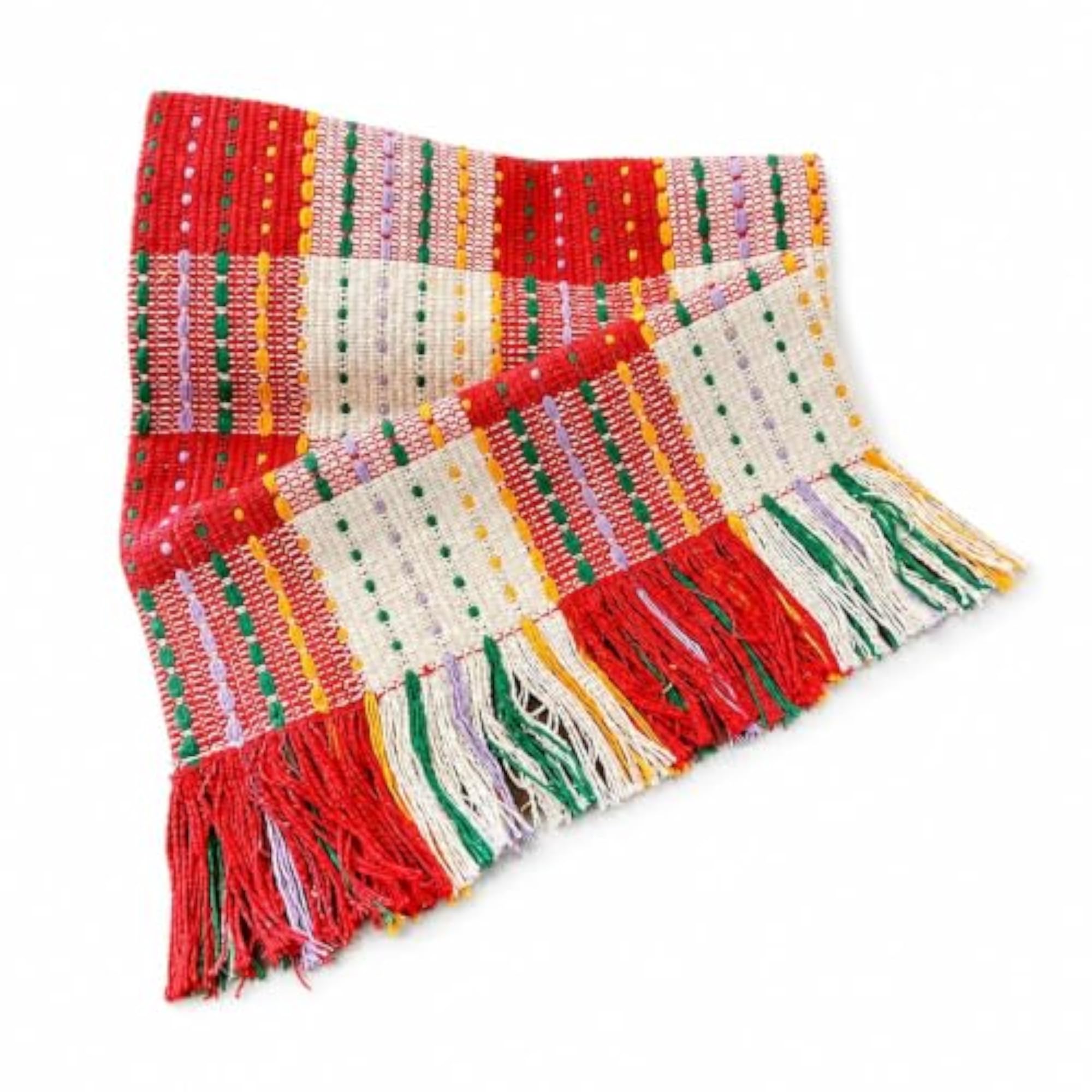 Vintage Red White Checkered Woven Cotton Table Runner with Tassels