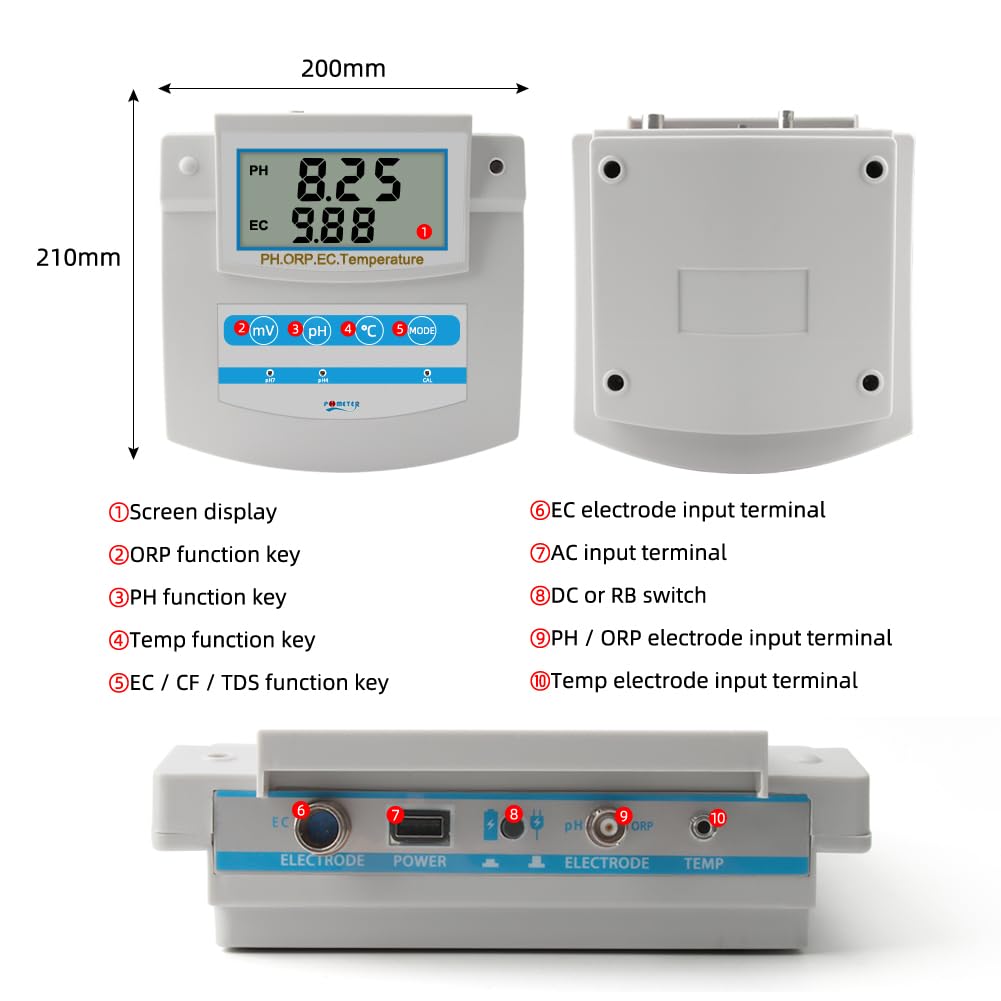 Monitor de Calidad del Agua, probador de Monitor Continuo 6 en 1, medidor de Banco de Temperatura PH ORP TDS EC CF, termómetro de Piscina para Piscina, Acuario, Laboratorio
