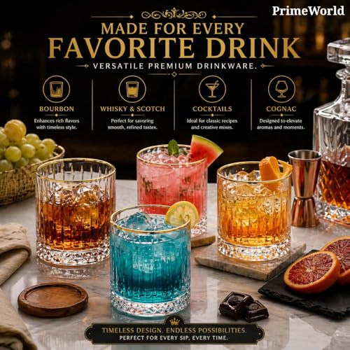 Image of PrimeWorld Timeless Gold Rim European Crystal Whiskey Glasses Set of 6 pcs- 355 ml Bar Glass for Drinking Bourbon, Whisky, Scotch, Cocktails, Cognac- Old Fashioned Cocktail Tumblers