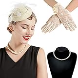 BABEYOND Pillbox Veil Fascinator Hat Tea Party Lace Gloves Pearl Necklace (Beige)
