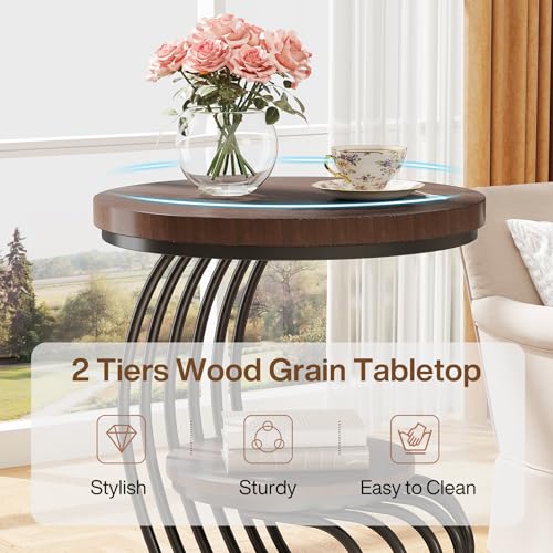 Image of Tribesigns Round End Side Table: Side Table with 2 Tiers Storage Shelves, Vintage End Table for Living Room, Small Bedside Table Accent Table with Arc-Shaped Frame, Rustic Brown